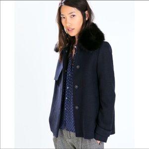 Zara wool navy peacoat with faux black fur collar